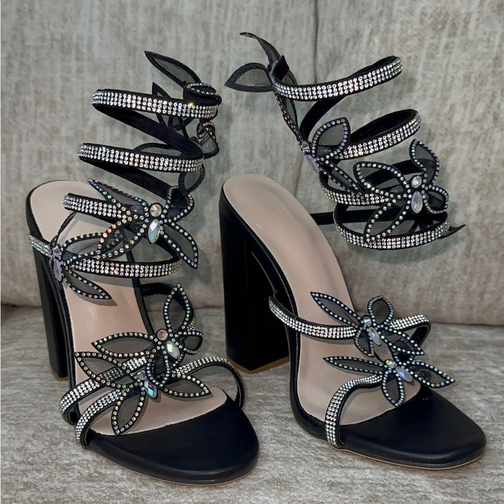 Elegant Black Strappy Heels with Rhinestone Detailing size 7, 8.5, 9.5, 10